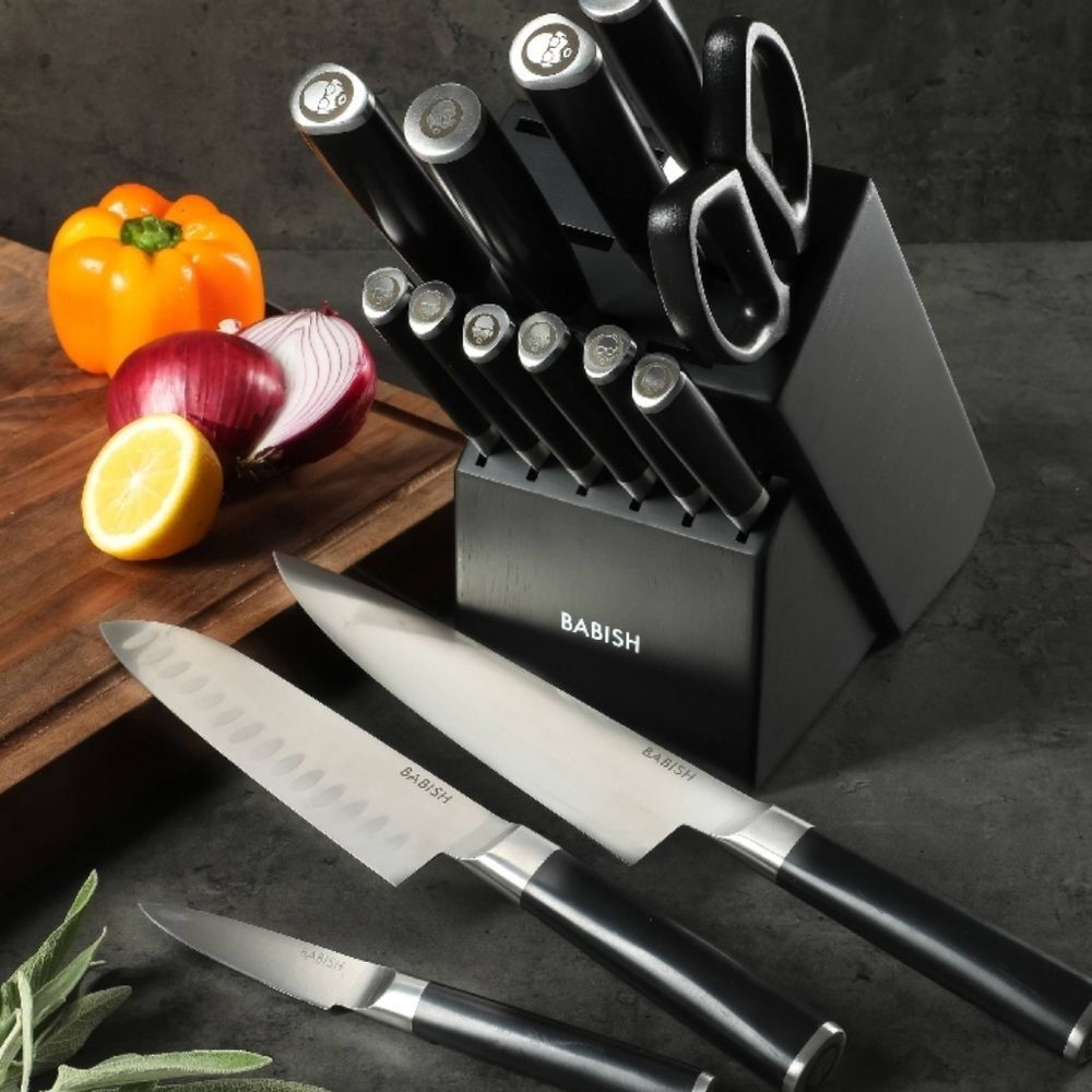 Babish 15-PC German Steel Cutlery w/Wood Knife Block Set